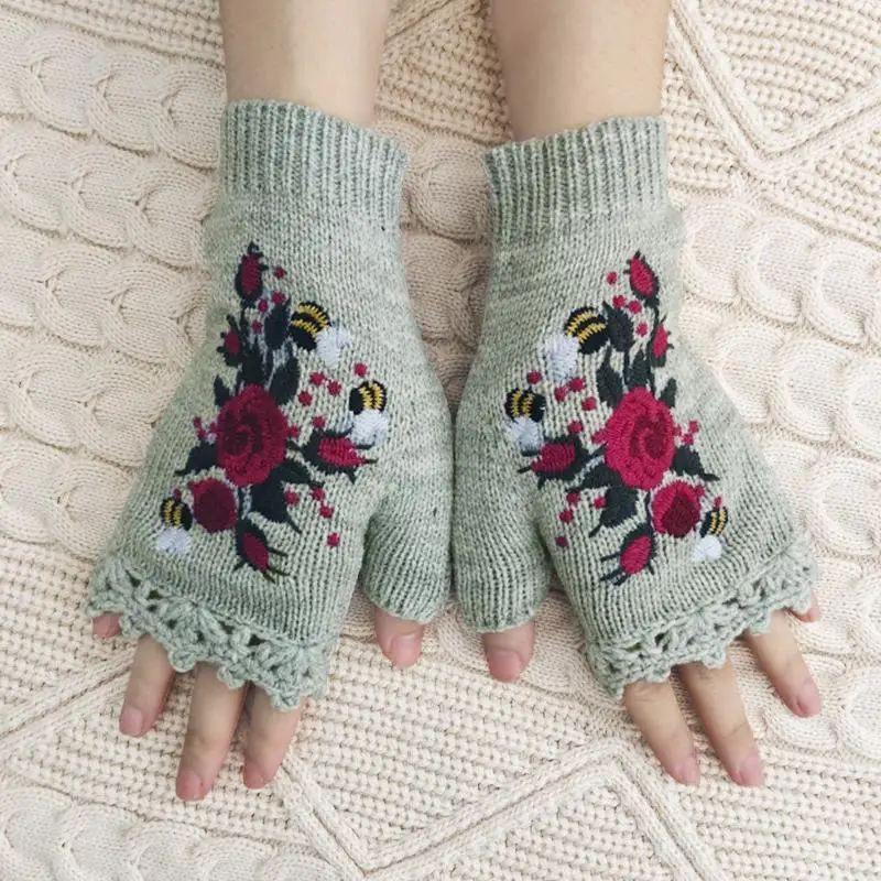 Bienen-Stickerei, niedliche Fingerlose Handschuhe, Vintage, elastische, gestrickte Halbfingerhandschuhe für Winter, Lesen, Schreiben, Studenten – Detail 15