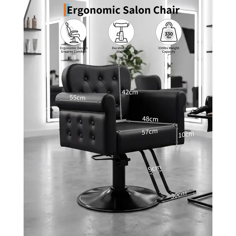 Salon Chair for Hair Stylist PU Leather Barber Chair with 360 Swivel Tufted Button Metal Round Base Hydraulic Lift Supports