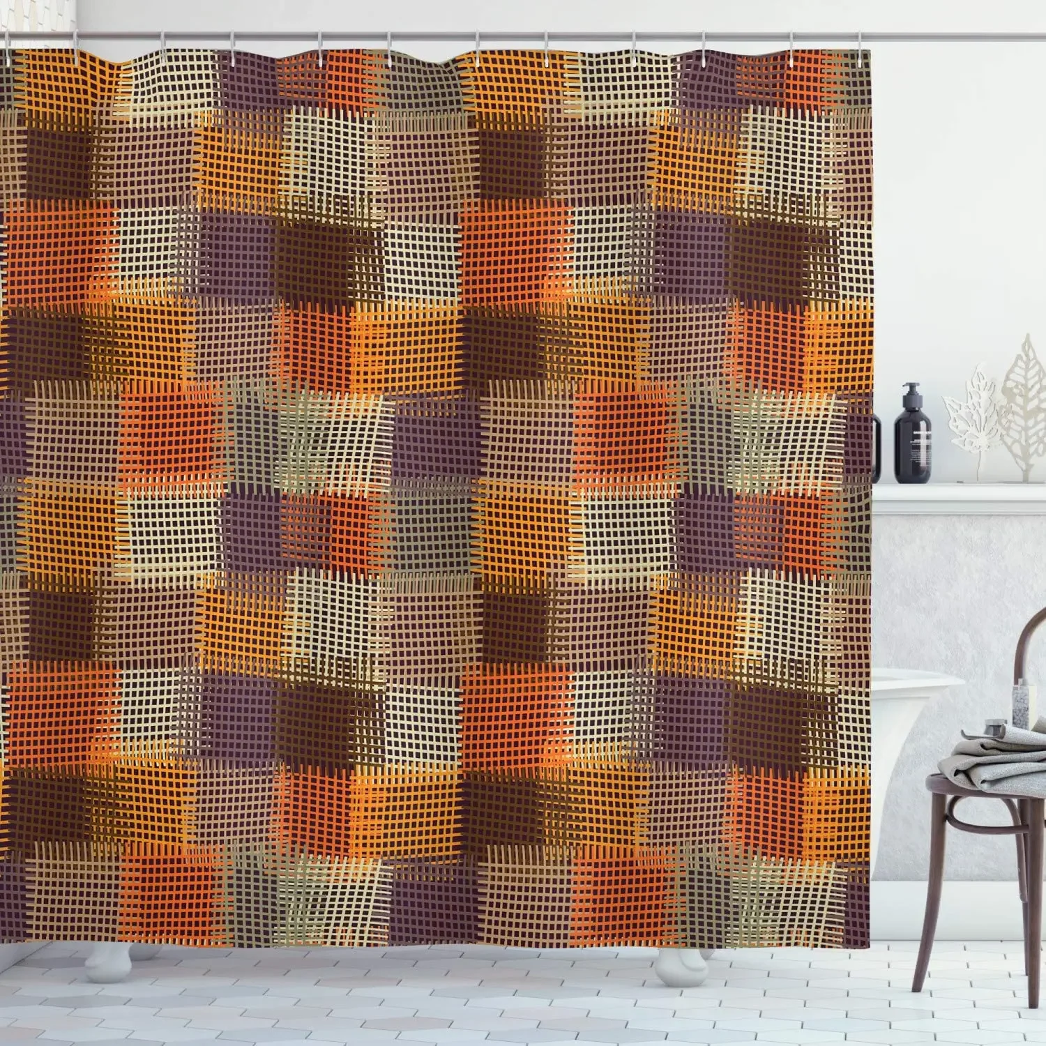 Geometric Shower Curtain Grunge Checkered and Striped Quilt Pattern Mottled Digital New Retro Design Cloth Fabric Bathroom Decor