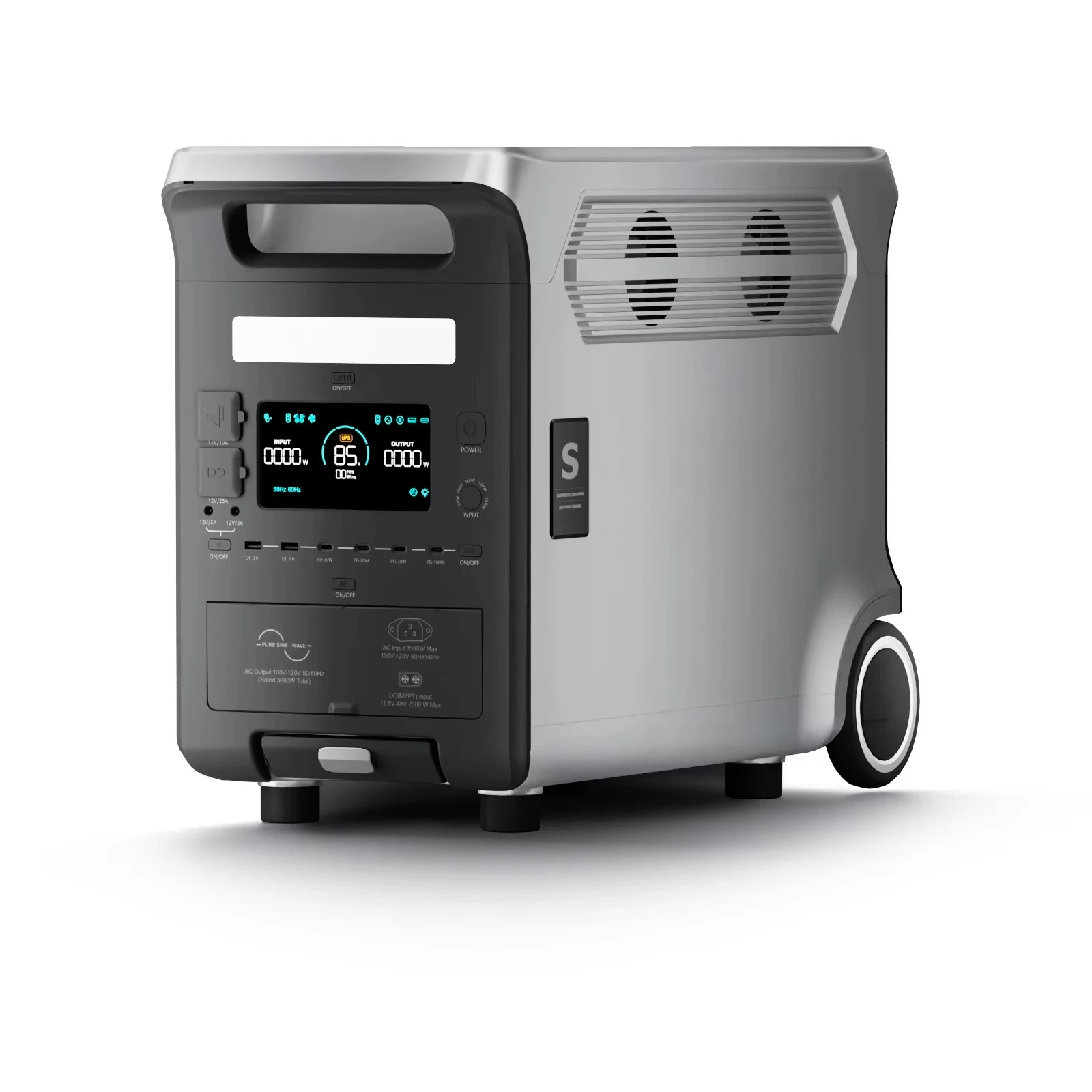 3600-Watt portable energy storage system including camping, emergency, and vehicle flashlight air compressor jump starter