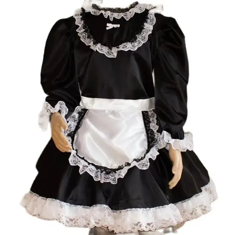 

Black Smooth Satin Patchwork with White Lace Long Sleeved Short Skirt Cuffs Lace Lock Edge Independent Apron Sissy Dress