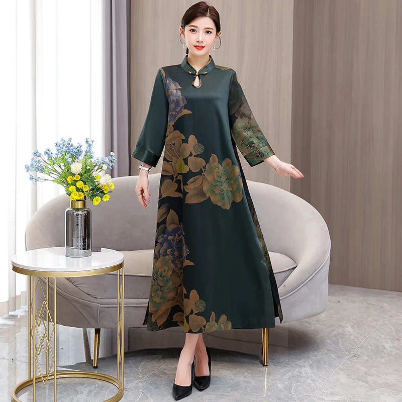 

Heavy satin silk fragrant cloud yarn dress, new women's loose fit plus size slimming new Chinese style middle-aged mother dress