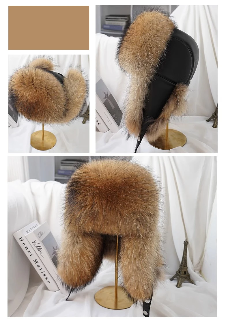Winter 100% Echtes Silberfuchsfell Bombermütze Waschbärpelz Mütze Neue Herren-Ushanka Trapper Russische Herren-Skimütze Echte Lederkappen – Detail 6