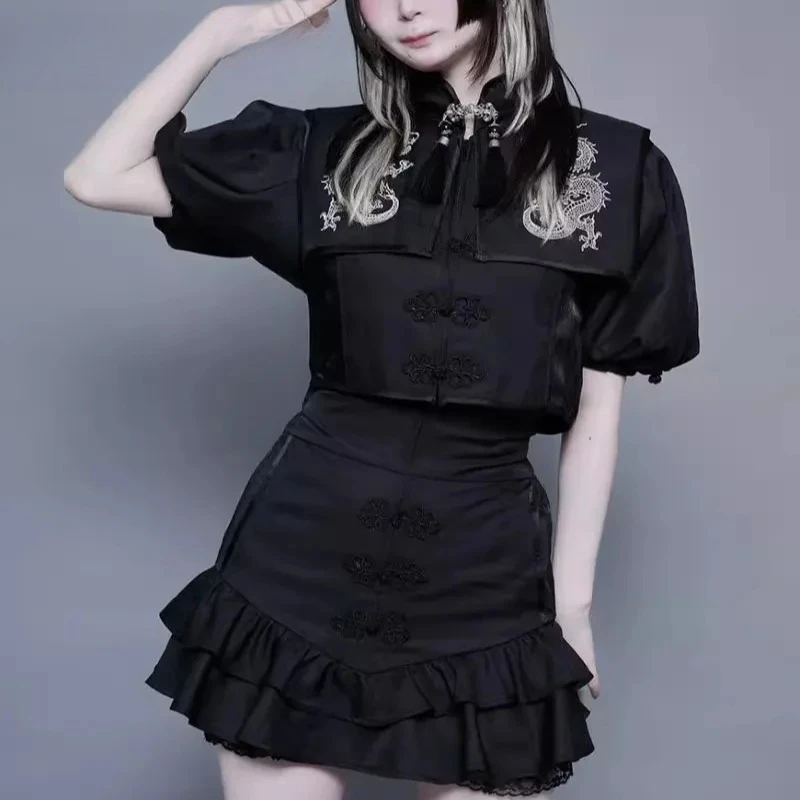 Harajuku Subculture Chinese Style Embroidered Puff Short Sleeve Top and High Waist Short Skirt Sweet Girl Black Two-Piece Set