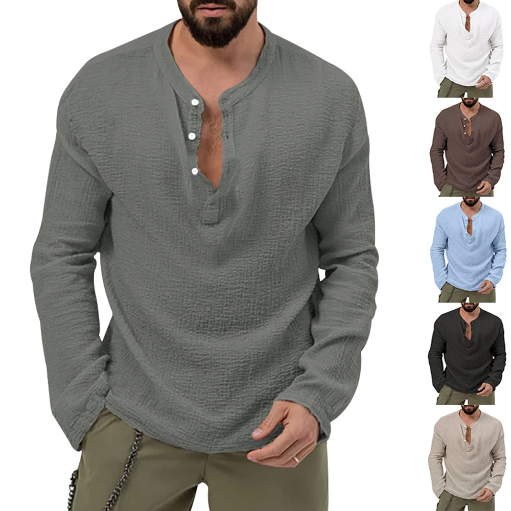 

T Shirt Men Long Sleeve Seersucker Button V-Neck Top Daily Base Causal Thin Comfortable Versatile T Shirt Men'S Clothing 2024