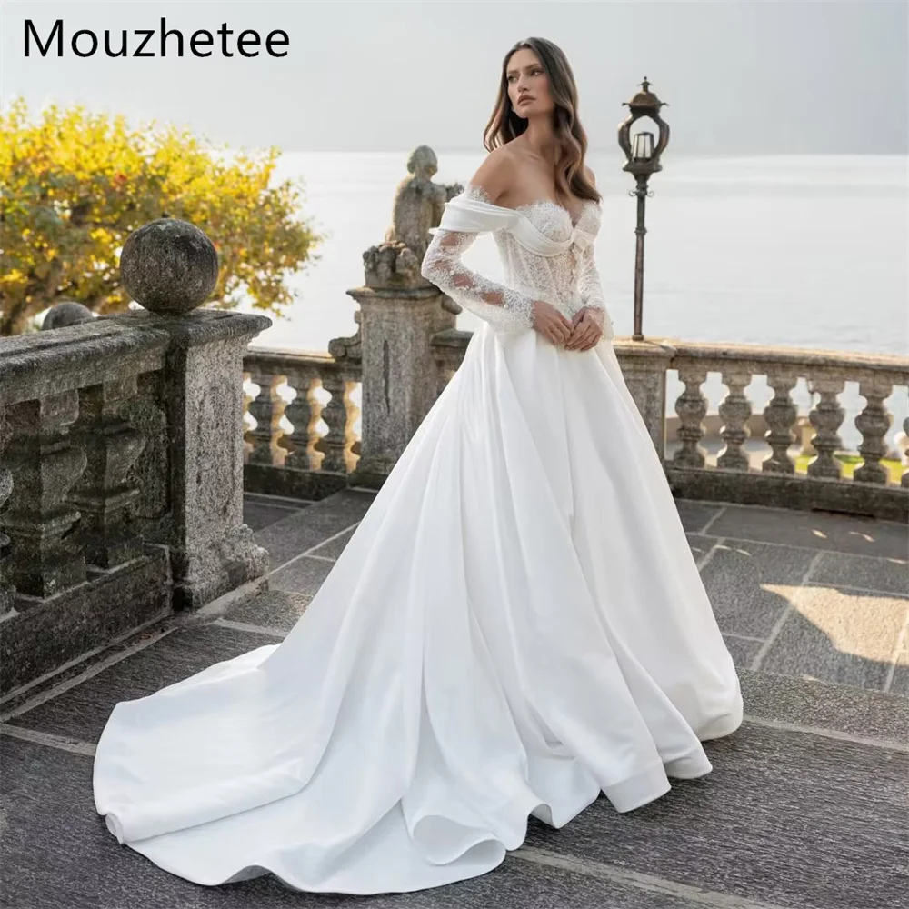 

Mouzhetee A-Line Elegant Off The Shoulder Lace Appliques Wedding Dresses Long Sleeve Brides Gown Custom Made 2026