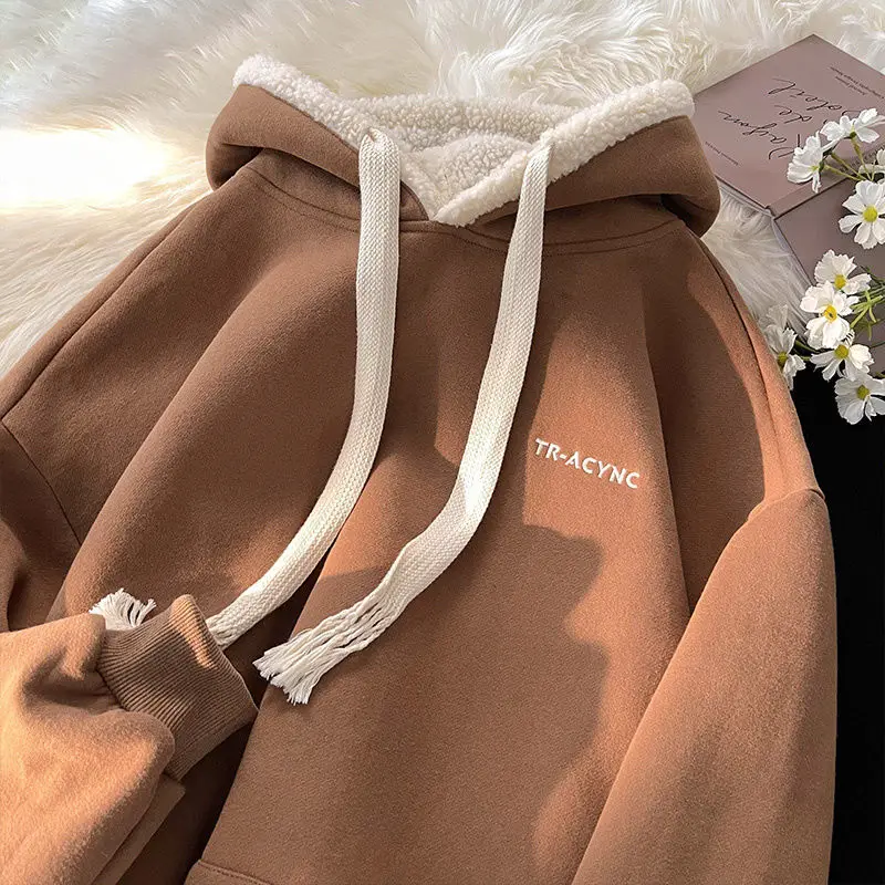 Women Hoodie Sweatshirts Winter Solid Color Plush Long-sleeved Hooded Sweatshirt Korean Casual Loose Pullover Top Ropa De Mujer