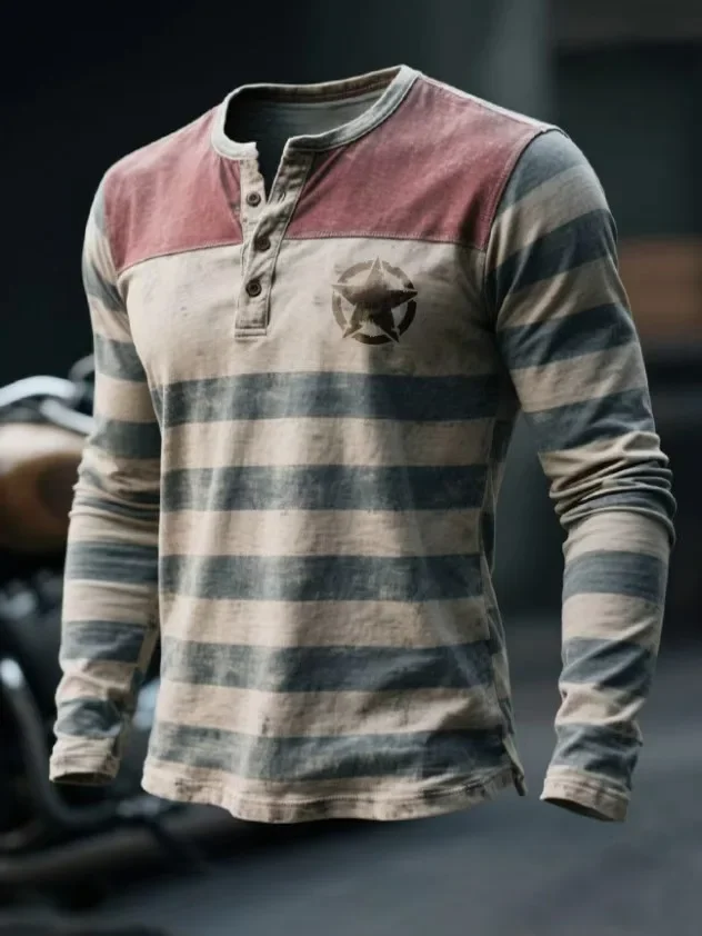 Men's Henry Shirt T-Shirt 3D Printed Retro Casual Long Sleeve Loose Bottom Shirt