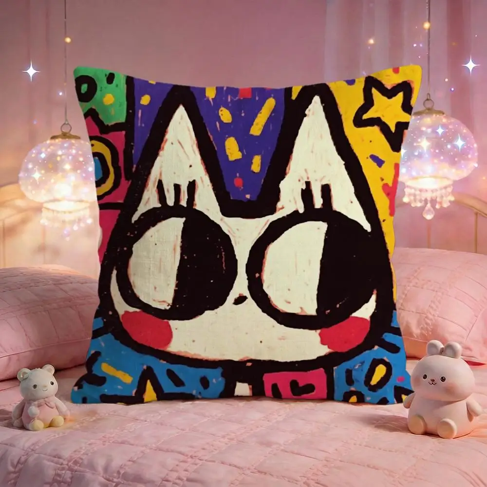 Kawaii Doodle Cat Collection Cushion Cover Premium Comfort Reversible Pillow Cove -Two in One Design for Any Room & Car Interior