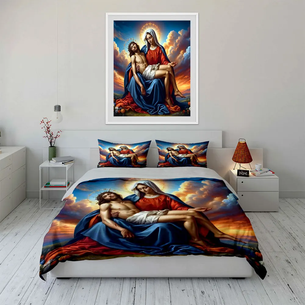 Gentle Madonna Cradles Jesus Bedding Set for Kids Luxury Gift 3pcs Digital Print Comforter Set Soft Comfortable Breathable