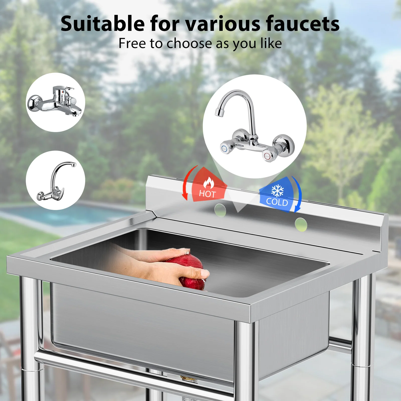 Stainless Steel Sink, Freestanding Single Trough Commercial Kitchen Sink Set Faucet, NSF Certificate, for Restaurant