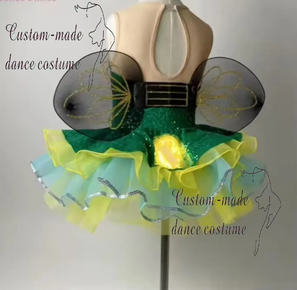 Children's and toddler dance performance costume puff dress featuring animals and fireflies, with insect and grass designs.