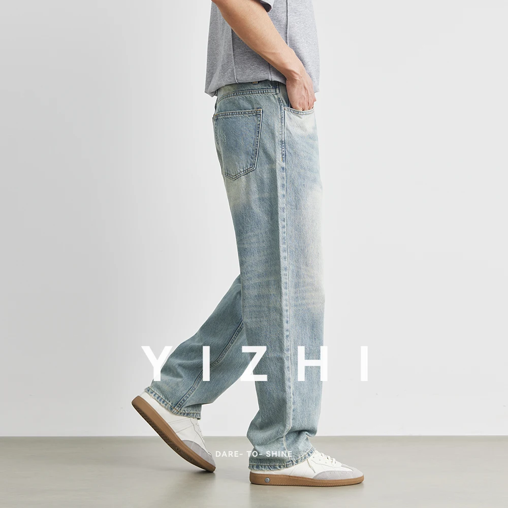 

2025 Summer New Slightly Elastic Loose Casual Fashion Men's Washed Light Color Straight Jeans Outdoor Shopping Casual Jeans