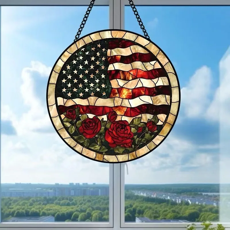 Stars and Stripes Rose Painted Glass Sun Catcher American Vintage Home Glass Window Hanging Holiday Decoration Gift