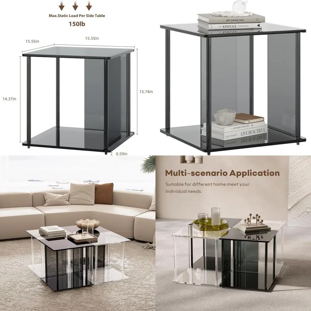 

Contemporary Acrylic Side Table with Storage, Suitable for Living Room, Bedroom, Office, and Bedside, Square, Black, 15.55 x 15.