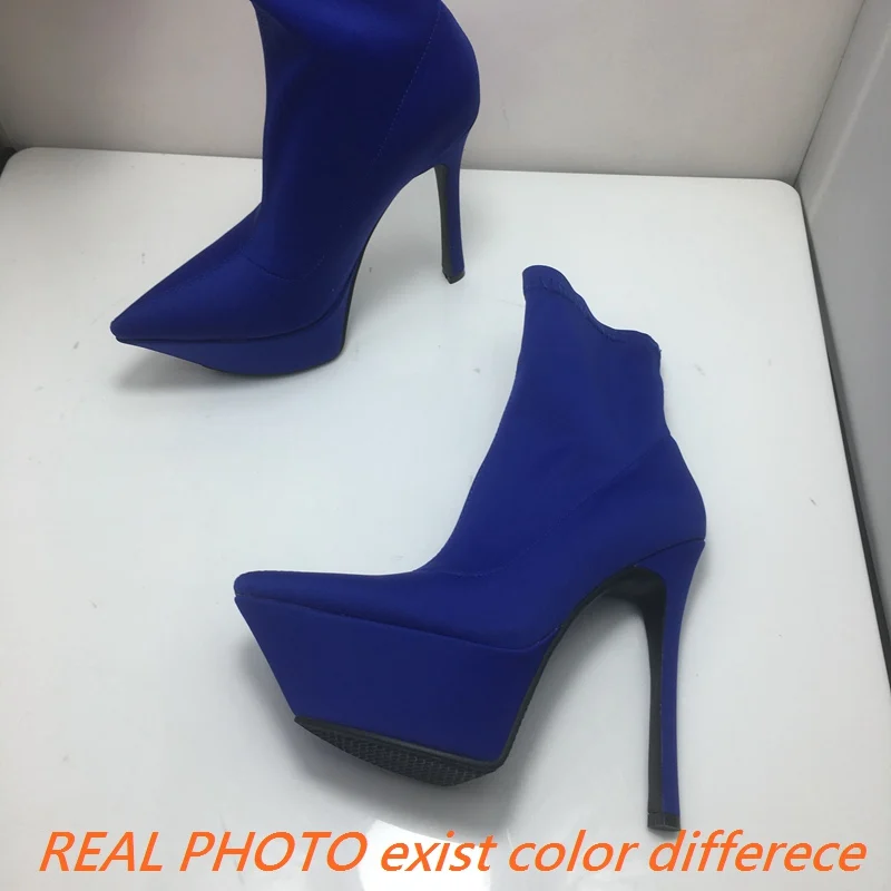 REAVE CAT Brand Shoes Stretchy Satin Booties Pointed Toe Platform 4.5cm Thin High Heels 14.5cm Big Size 43 Sexy Lady Boots