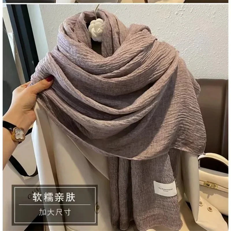 Giant Soft Solid Cotton and Hemp Scarf Women\'s Autumn and Winter Thin Art Style Retro Warm Shawl Solid Color Elegant Generous