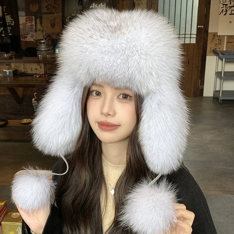 

Real Fox Fur Lei Feng Hat For Women Ear Protection Fur Hat Women's Skiing Hat Thickened Warm Fur Hat Winter Raccoon Fur Hat