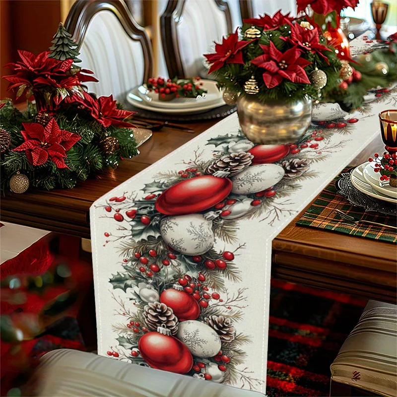 Christmas Table Runner, Pine Cone Holly Berry Bauble Print, Farmhouse Table Runner for Dining Table, Xmas Party Decor