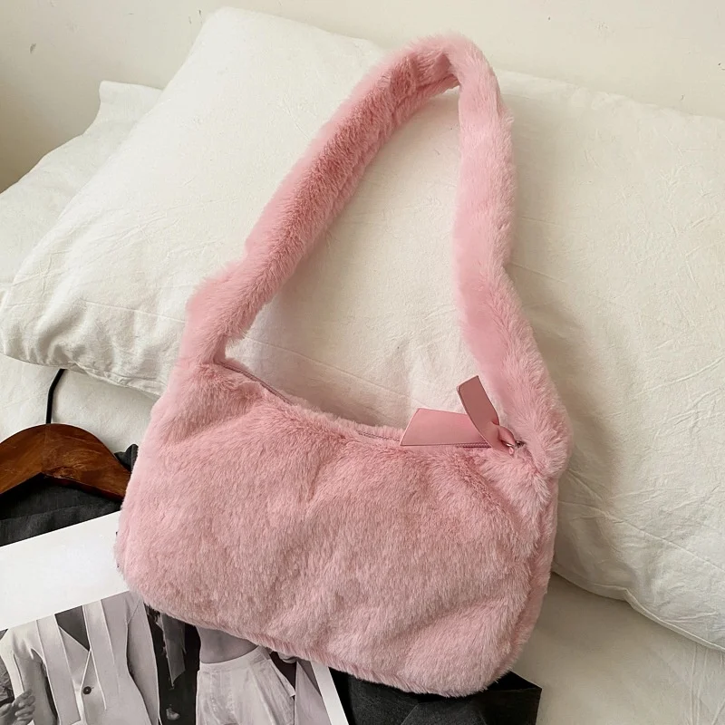 Fashion New Plush Fluffy Shoulder Crossbody Handbags Vintage Women Solid Color Underarm Bag Portable Square Travel Street Purse