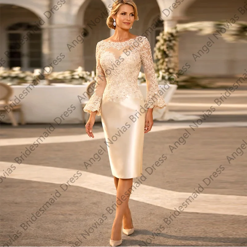 

Long Sleeves Champagne Mother of the Bride Dresses with Slit Wedding Party Gowns vestidos de fiestas elegantes mujer