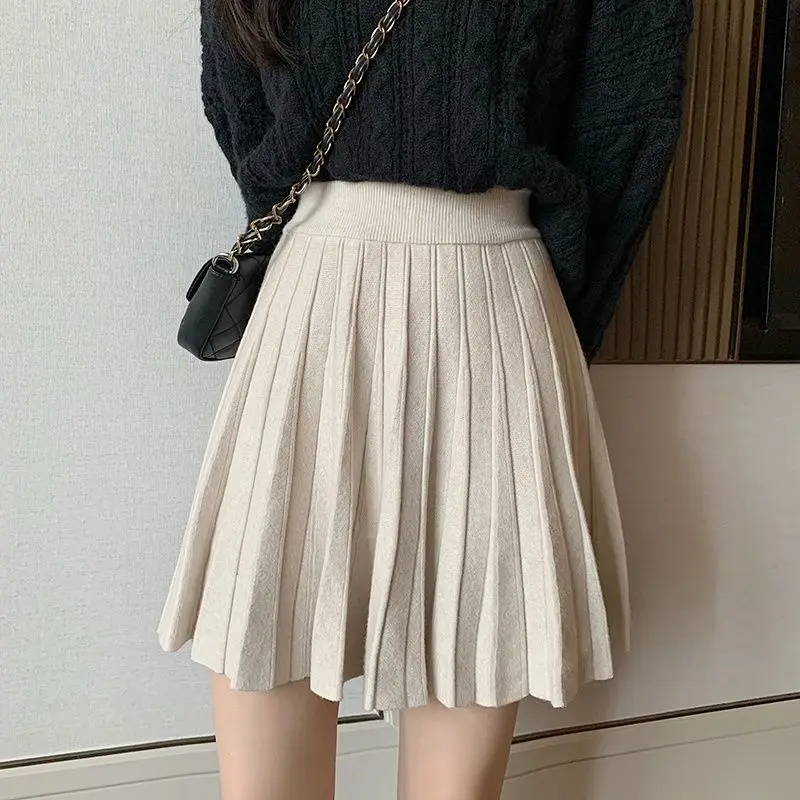 Korean Style Sexy Pleated High Waist Knitted Mini Skirt for Women Autumn Winter Casual Harajuku Y2K Slim Fit Solid Street Skirts