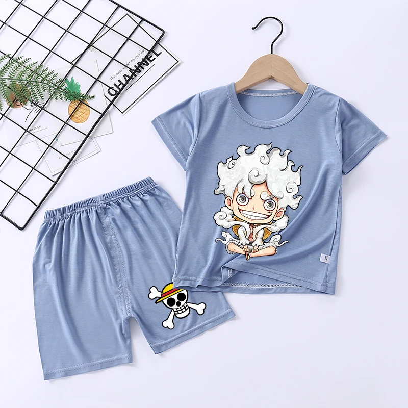 Pigiama estivo per bambini di un pezzo Pigiama estivo Rufy Figure anime Indumenti da notte in cotone Allentato Camicia da notte alla moda Cappotto da notte per bambini Regali