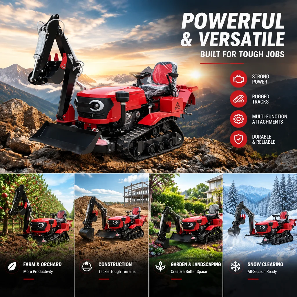 Farm Use Mini Tracked Tractor, Excavator Arm, Log Grapple, Rock Breaker Hammer, Auger Drill Attachments Available