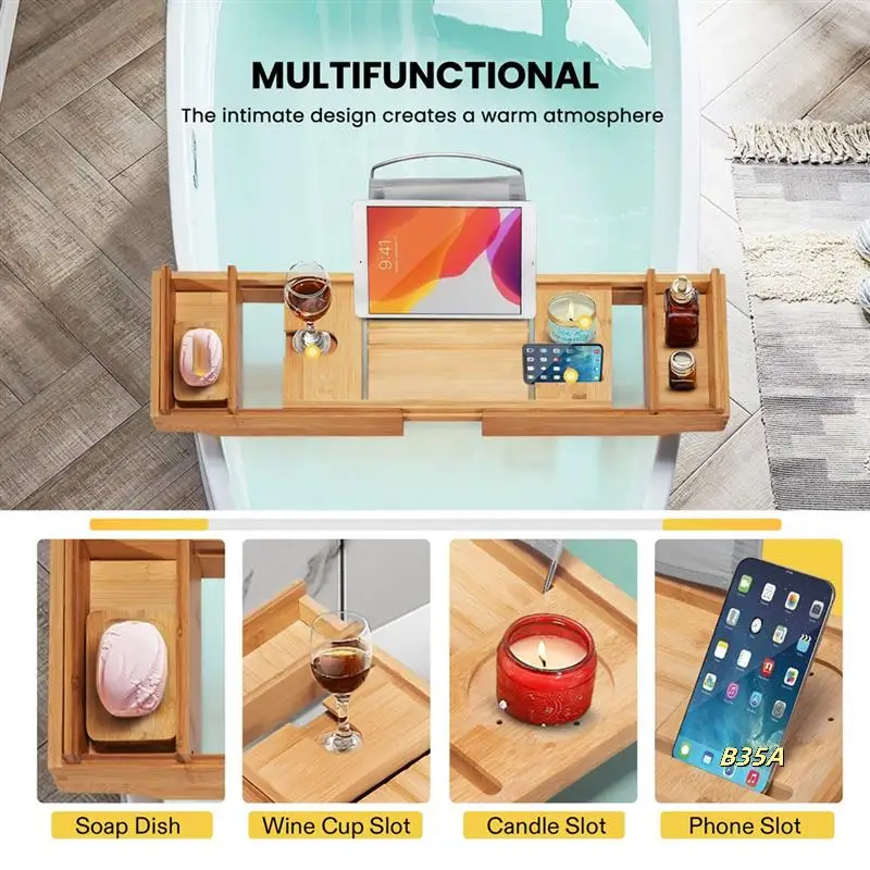 

1 PCS Bamboo Expandable Bathtub Caddy Tray Bathroom Organizer With Cellphone Tablet And Wine Book Holder A