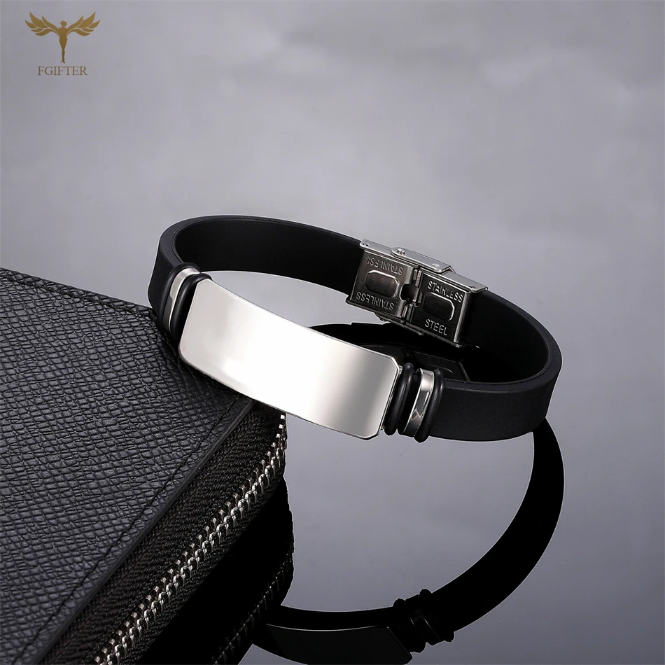 Men's Stainless Steel Clasp Bracelets Black Silicone Wristband Blank Accessories Fit for Laser Engraving Custom Jewelry Present