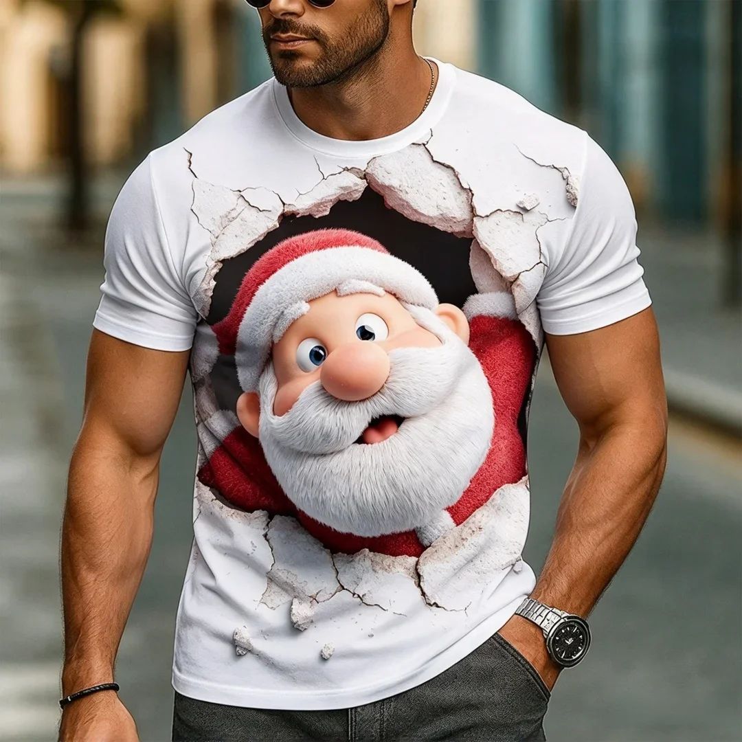 2026 Fashion New Men's 3D Santa Claus Break Wall Print T-shirt Christmas Funny Graphic Short Sleeve Casual Tee Party T Shirt Top