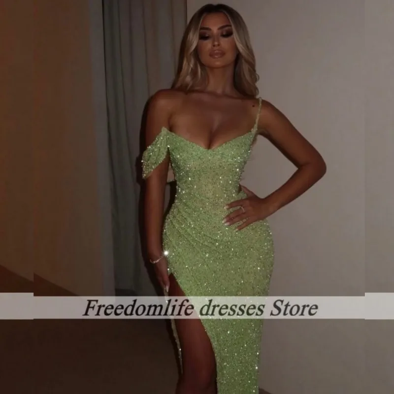 فستان سهرة بحورية البحر بترتر أخضر فاتح طويل بفتحة عالية فساتين لحضور الحفلات الموسيقية للنساء رداء حفلات الزفاف مخصص فيستدو دي غالا