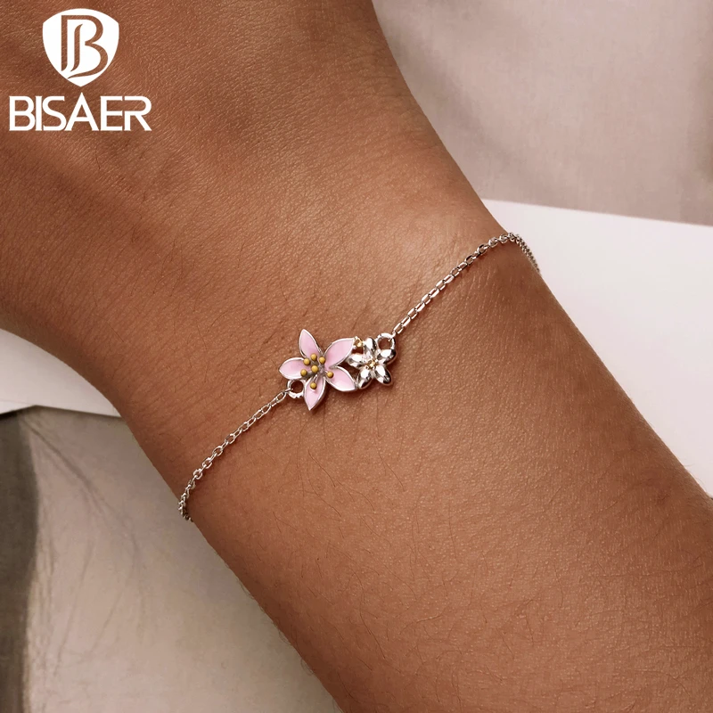 BISAER 925 Sterling Silver Bracelet Flower Beautiful Cherry Blossom Bracelets Adjustable Chain Fine Jewelry Women Girl ECB232