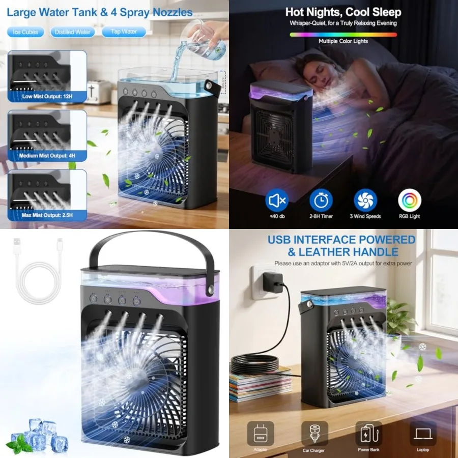 

Portable air Conditioners, Personal Cooling Fan with 120° Oscillation, 3 Wind Speed and 4 Sprays, 2/4/6/8H Timer, Multi-Color L