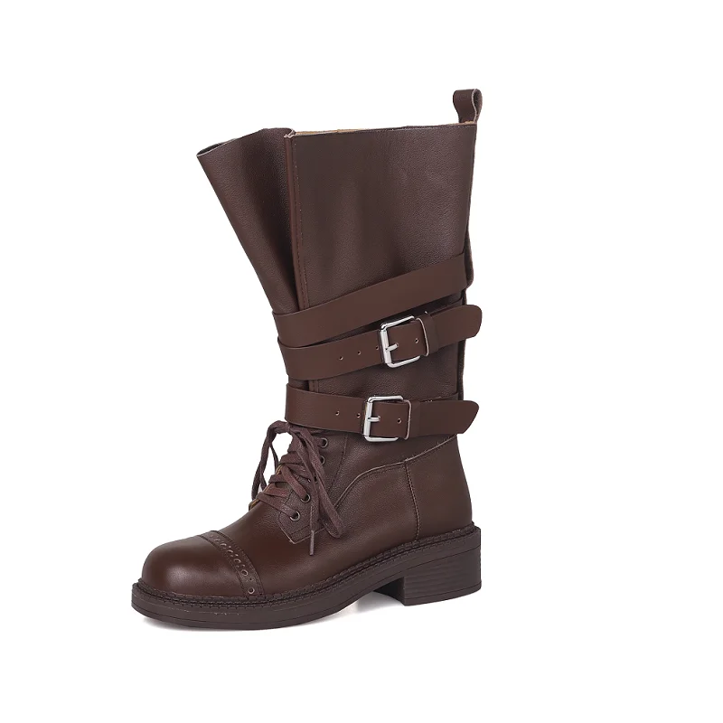 2025 New Trendy Boots Genuine Leather Mid Calf Boots Roud Toe Handmade Footwear Designer Vintage Punk Style Street Botas