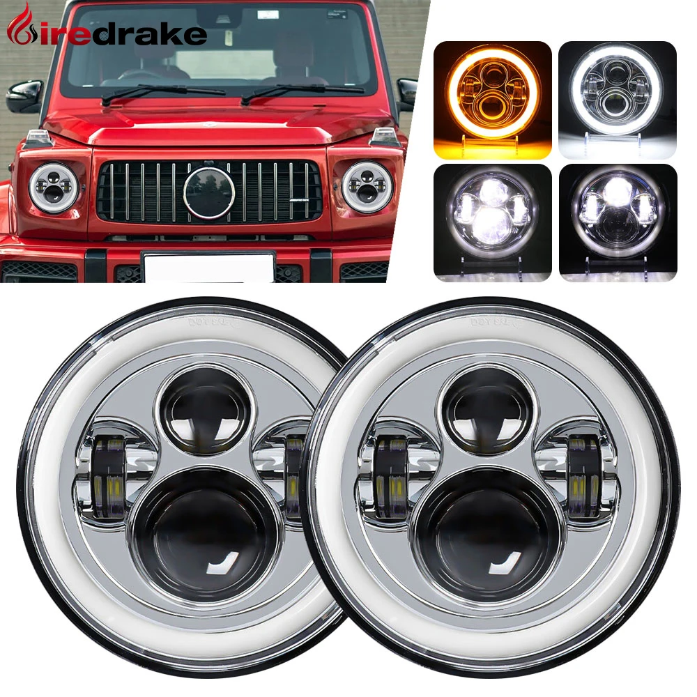 

Firedrake 7 inch Wrangler LED Full Circle Angel eyes Jeep Round Headlight H4 Yellow turn signal 140W 3000K 6000K 140000LM 24V