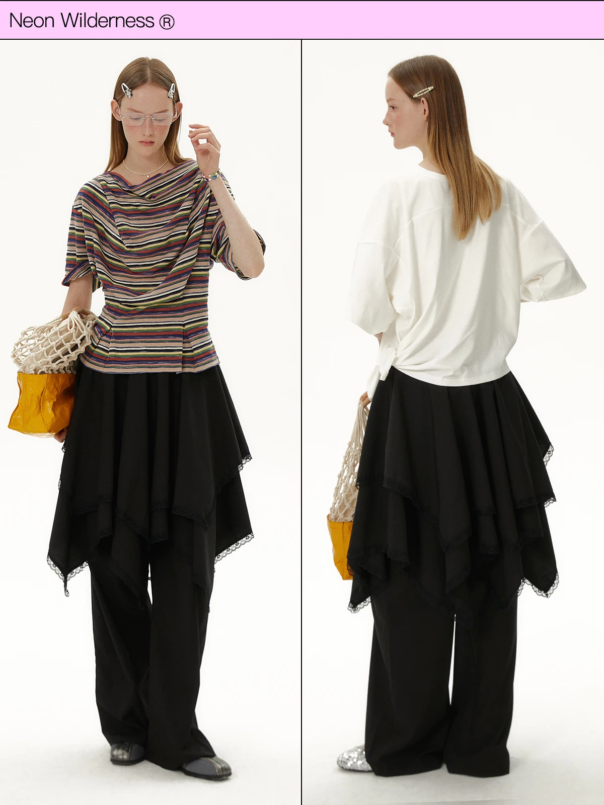 

Black Loose Wide Leg Lace Trim Skirt Pants Neon Wilderness High Waist Casual Polyester Blend Spring 2026 Ladies Girls