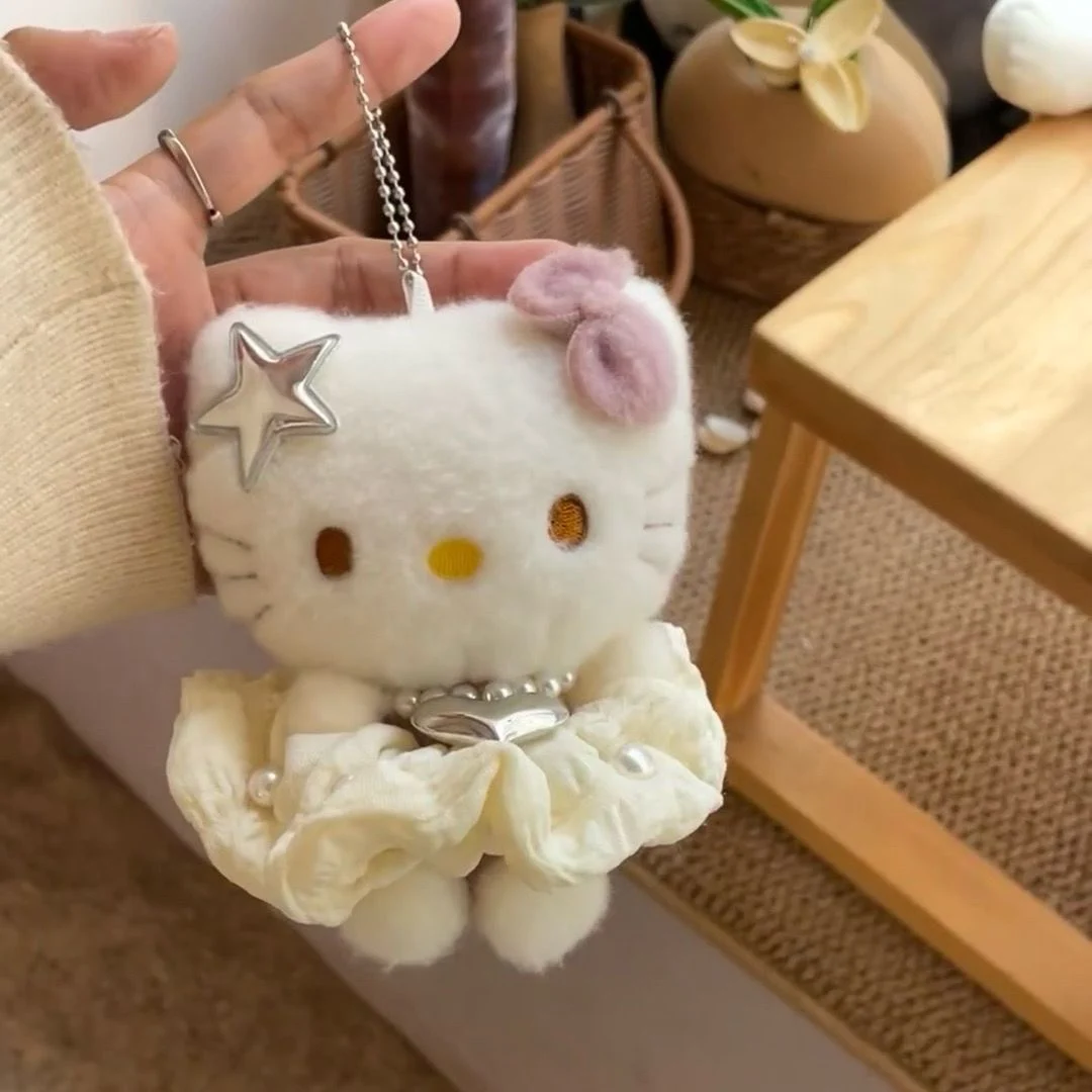 Kawaii Sanrio Hello Kitty Keychain Pendant Cartoon Plush Toys Princess Lace Dress KT Cat Stuffed Plushies Key Ring Plush Pendant