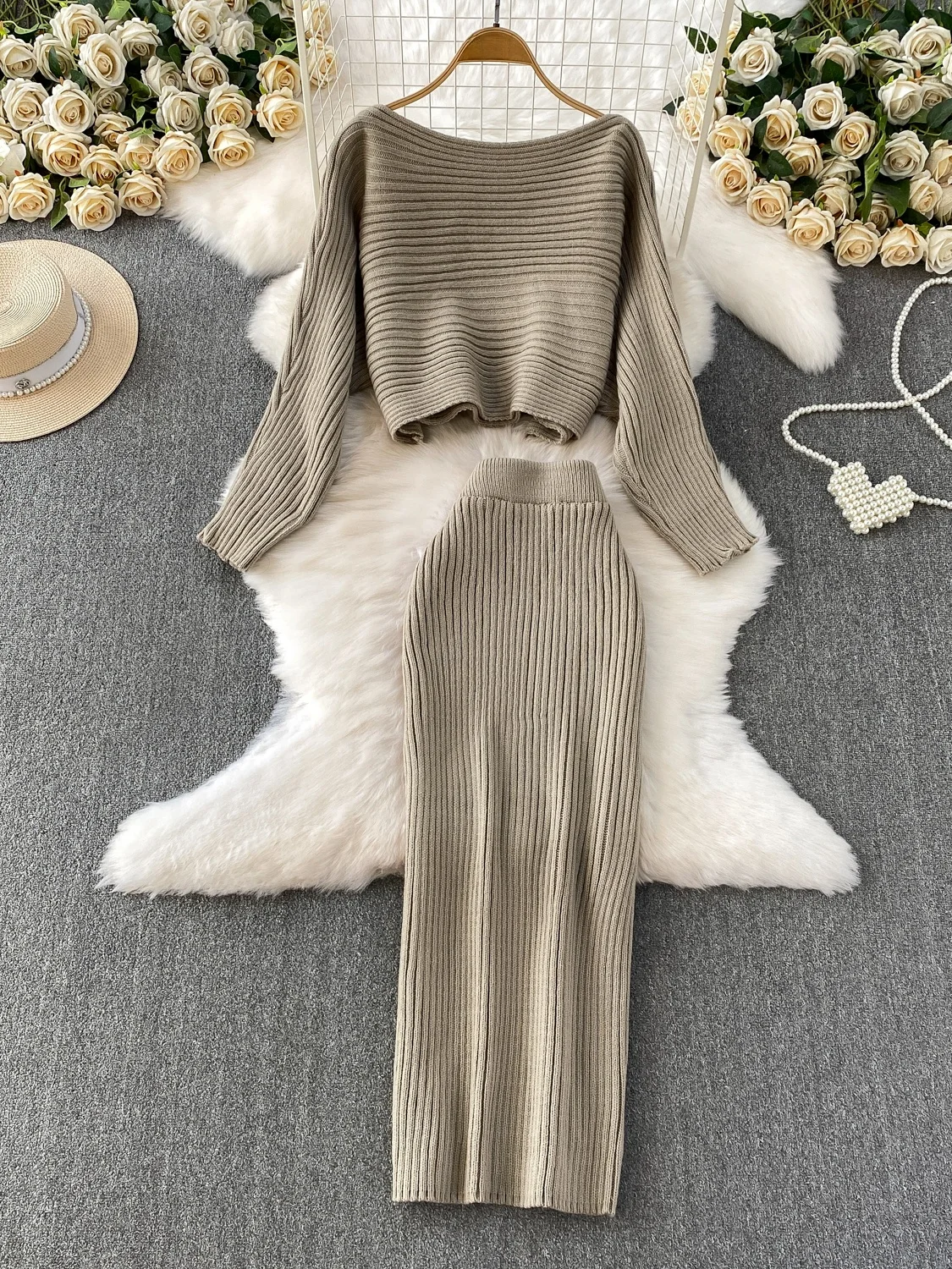 

Корейский Sle Winter Lazy Sle ort Трикотажный топ на одно плечо Long Sve Топ с высокой талией Slim Fit Bodycon Long Dr Set для подростков