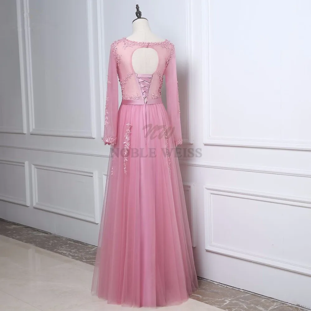 ロング A ライン イブニング ドレス O ネック アップリケ ビーズ プロム パーティー ドレス 長袖 カスタマイズ