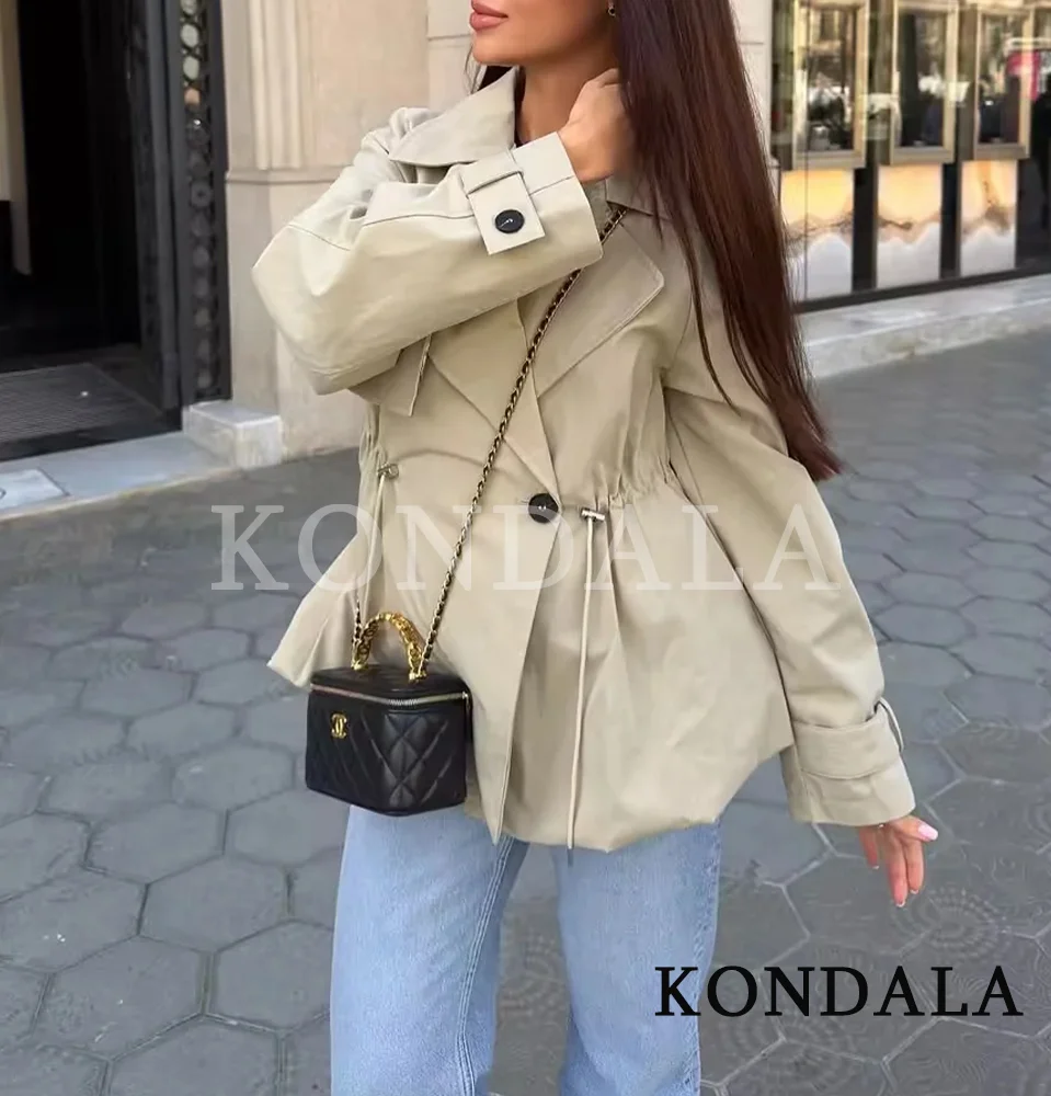 KONDALA Women Streetwear Casual Trendy Short Trench Coat Lapel Sashes Jacket New Fashion 2026 Spring Summer Commute Mujer Jacket