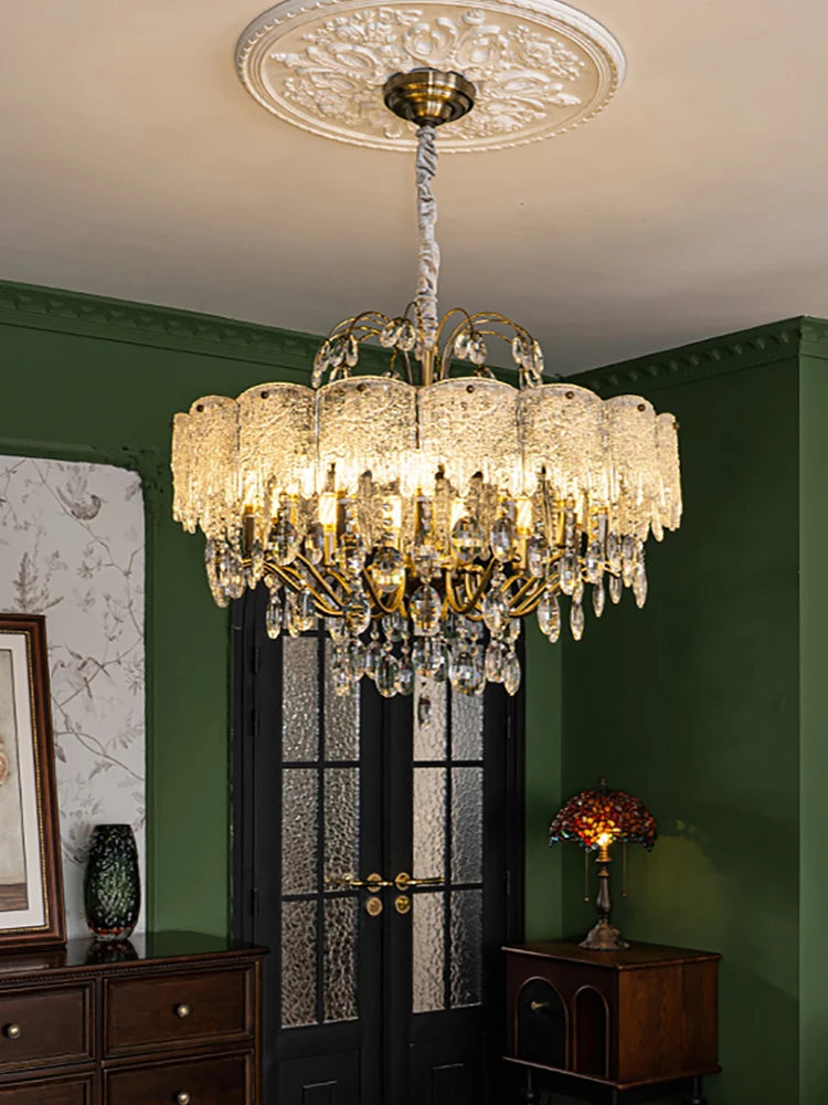 Crystal Dewdrop-Under-Leaf Chandelier Vintage Brass Hanging Lamps for Foyer Living Room Ceiling Decoration Cottage Classic Light
