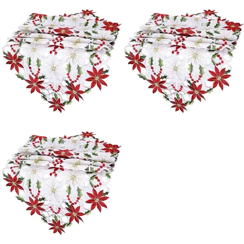 

【24H SALE】3X Christmas Table Runner, Poinsettia Holly Leaf Embroidered Table Linens For Christmas Decorations 15 X 53 Inch