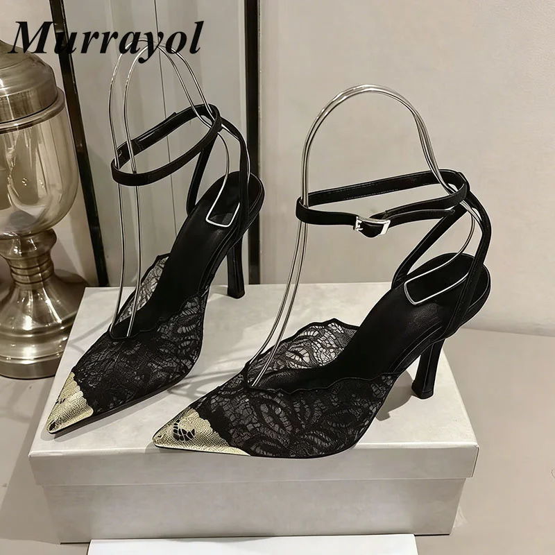 Pumps Summer Mesh Pointed Toe Thin High-Heels Women Ankle Strap Shallow Mouth Sandalias Banquet Dress Shoes Zapatos De Mujer