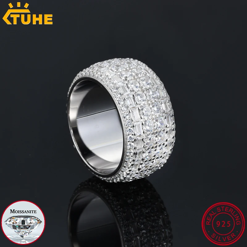 TUHE Unisex Double Row Classic Moissanite 925 silver Ring For Men Hip Hop Jewelry Pave Setting Ring Fashion Rock Gift