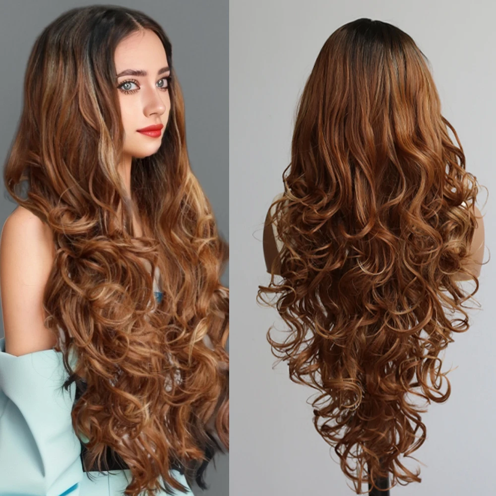 

Blonde Ombre Wig for Women Wavy Hair with Bangs 13x6 Front Lace Closure Super Long Synthetic Hair with Highlights for Cosplay