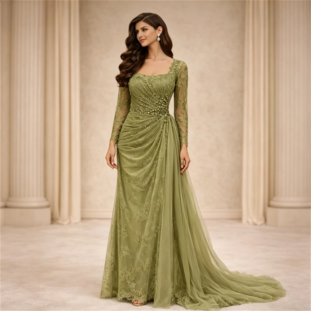 Maßgeschneidertes Salbeigrünes Abendkleid mit Quadratischem Ausschnitt, Spitze, Perlen, Langen Ärmeln, Gerafftem Tüll und Bodenlanger Schleppe