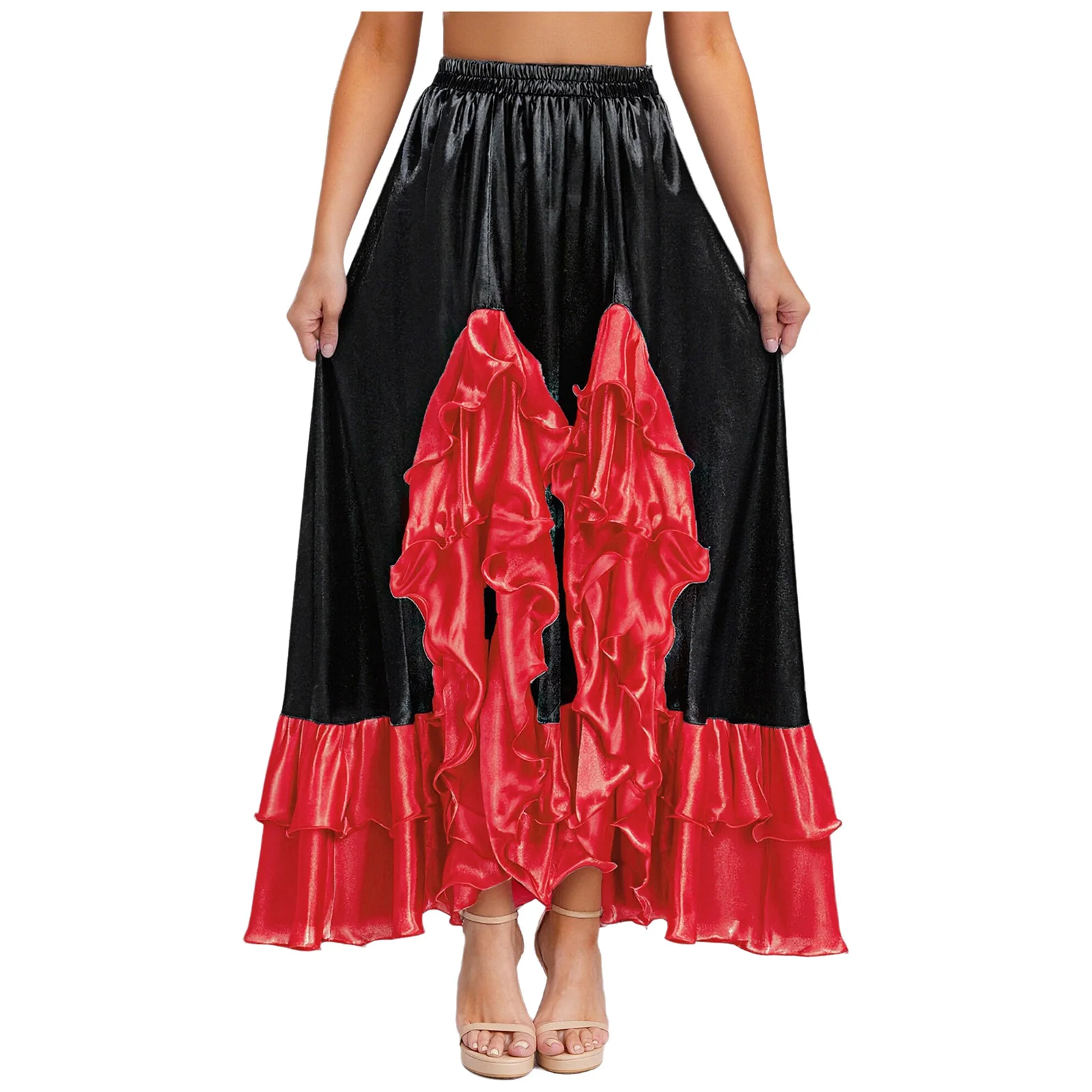 Feminino elegante flamenco espanhol dança desempenho saia 360 graus grande balanço cetim saia para espanhol tango salsa trajes de dança