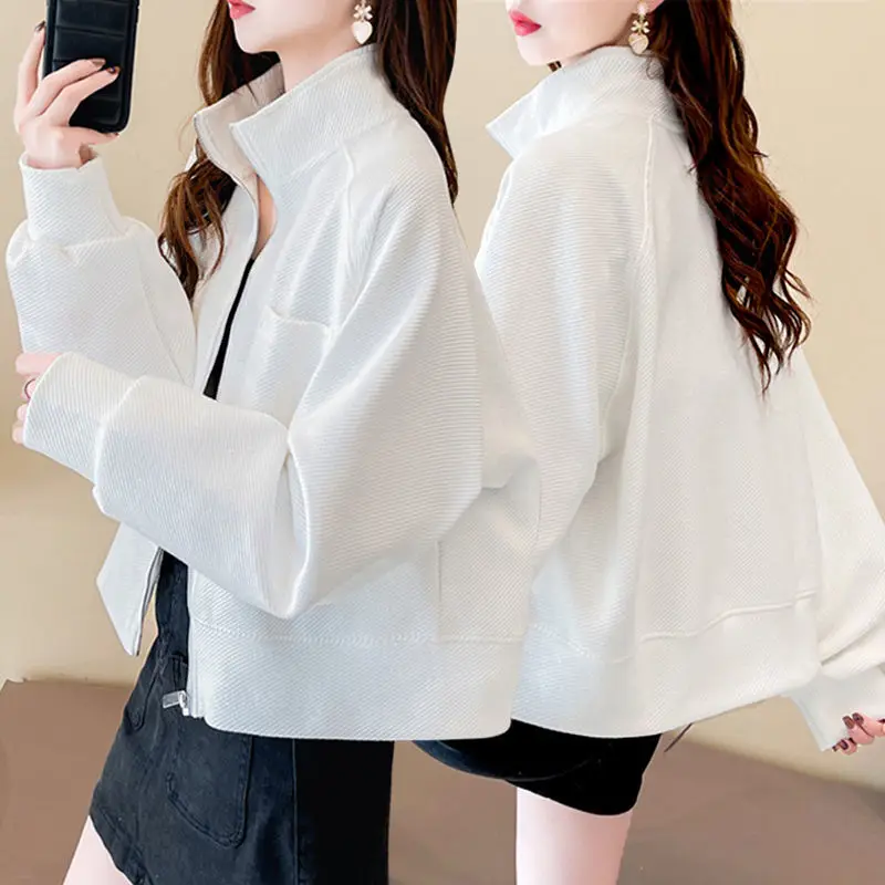 Mantel Kerah Berdiri untuk Wanita Musim Semi Musim Gugur Mode Korea Chic Longgar Streetwear Ritsleting Kardigan Perempuan Kaus Jaket Pakaian