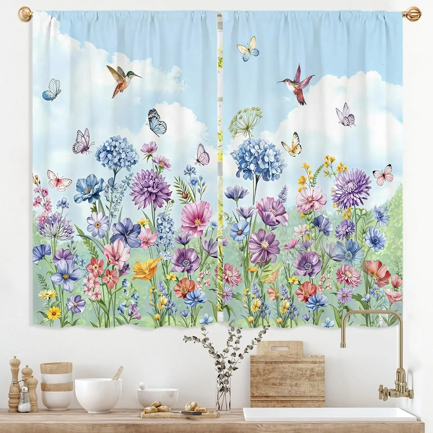 Summer Flower Purple Hydrangea Kitchen Curtains 2 Panel Spring Wildflower Garden Floral Butterfly Small Short Cafe Tier Window